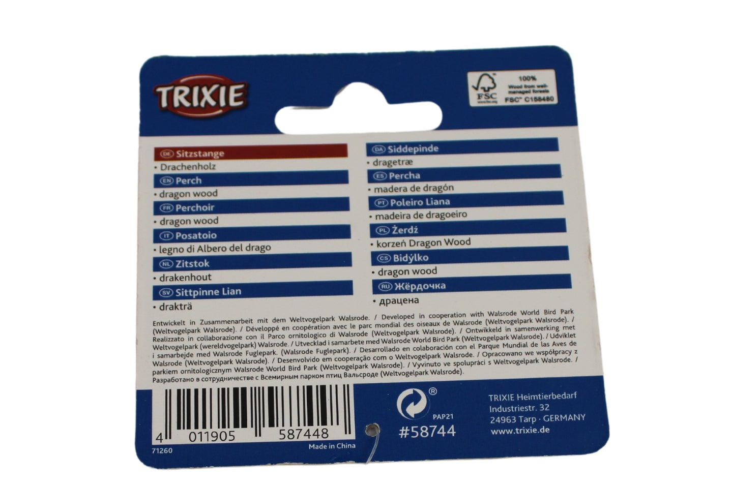 Trixie | Zitstok Hangend Drakenhout voor grasparkieten | 36 CM | Achterkant etiket