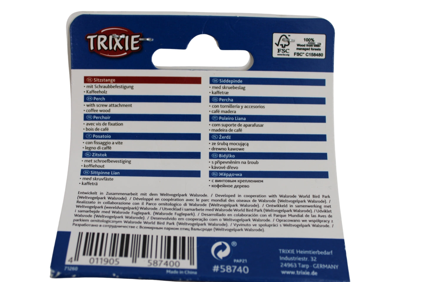 Trixie | Zitstok voor Grasparkieten | Koffiehout | 20 CM | Achterkant etiket