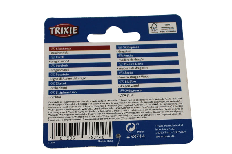 Trixie | Zitstok Hangend Drakenhout voor grasparkieten | 36 CM | Achterkant etiket